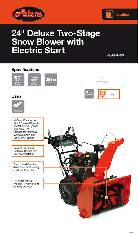 Ariens Deluxe 24 In 2 Stage Electric Start Gas Snow Blower With Auto