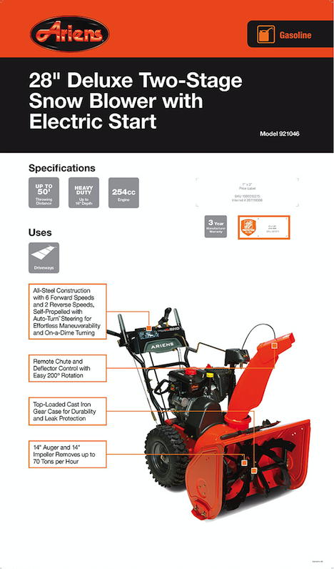 Ariens Deluxe 28 in. 2-Stage Electric Start Gas Snow Blower with Auto